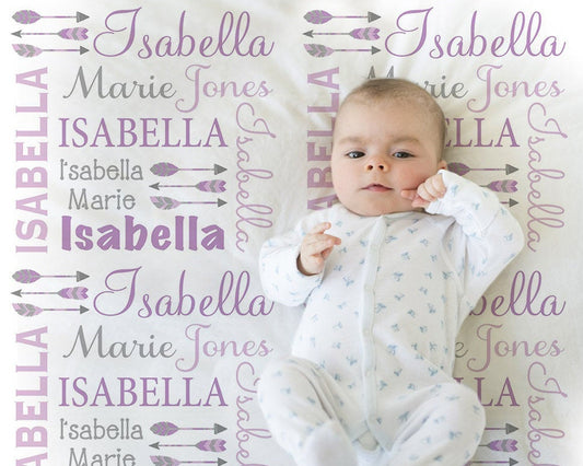 Feather Arrow Name Blanket in purple and gray for Baby Girl, personalized baby gift, baby blanket, personalized blanket, choose colors