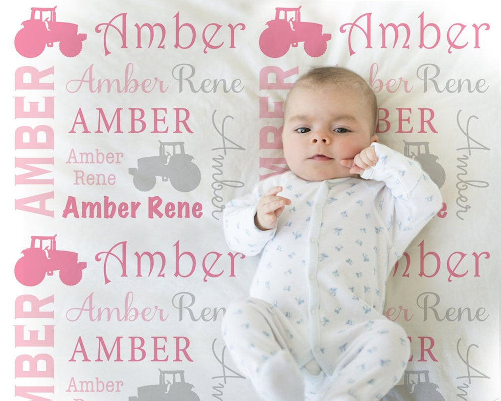 Pink girl tractor baby blanket, farm baby blanket, girl tractor blanket, photo prop, tractor name blanket, tractor baby gift, farmer blanket