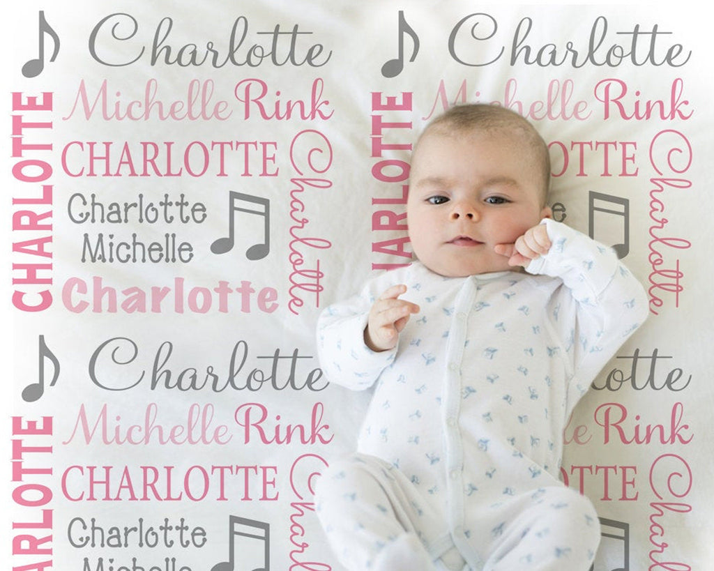 Baby girl music note blanket in pink and gray, musical personalized baby gift, musical note baby blanket, personalized blanket-choose color