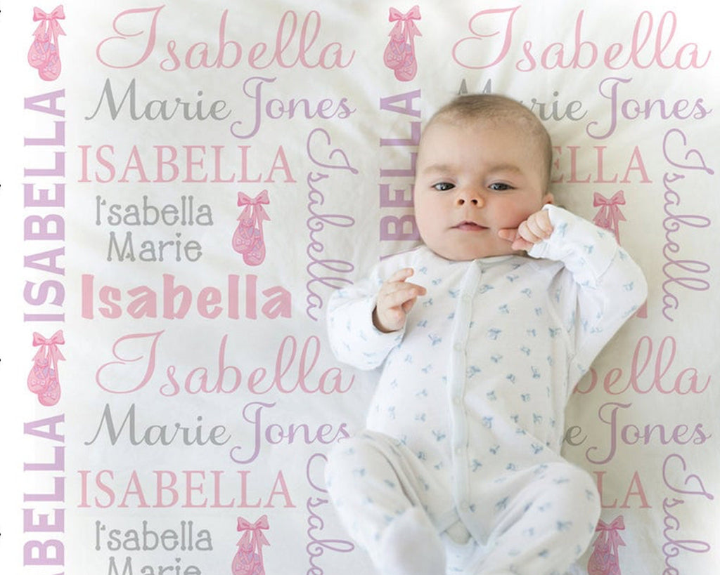Ballet personalized baby girl blanket, ballerina newborn swaddle name blanket, pink and purple ballet slippers baby gift (CHOOSE COLORS)