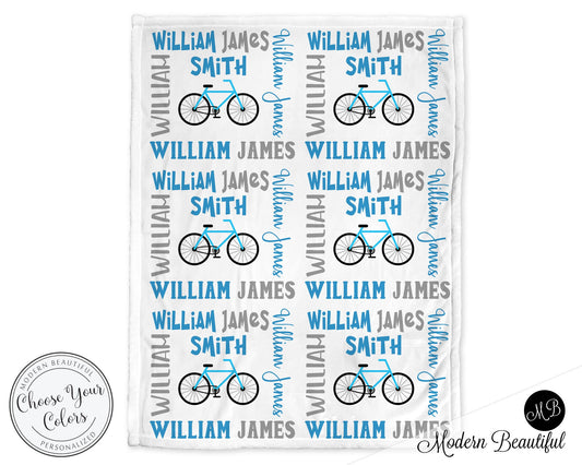 Cute bicycle baby boy blanket, bicycle personalized baby blanket, custom blanket, baby girl or boy gift, personalized, choose colors