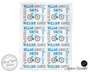 Cute bicycle baby boy blanket, bicycle personalized baby blanket, custom blanket, baby girl or boy gift, personalized, choose colors
