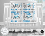 Cute bicycle baby boy blanket, bicycle personalized baby blanket, custom blanket, baby girl or boy gift, personalized, choose colors