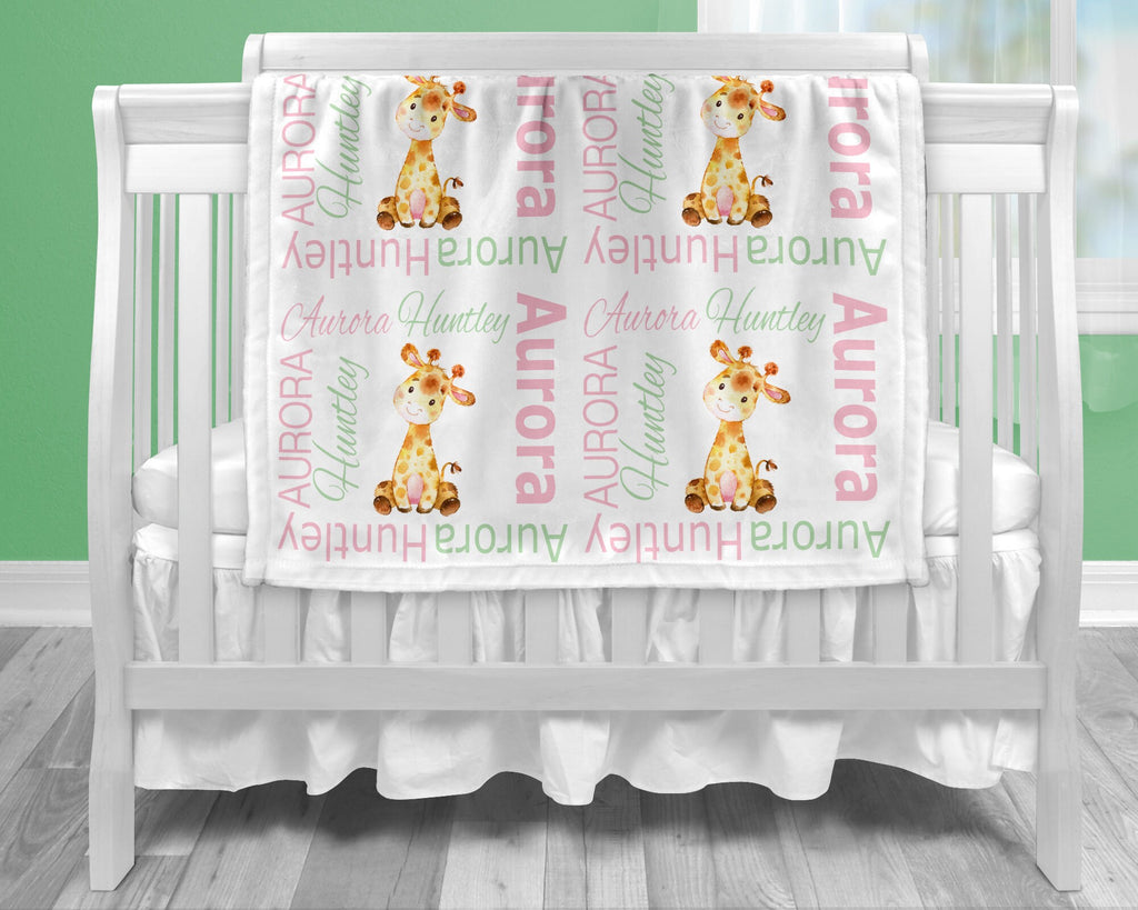 Baby girl giraffe swaddle blanket, giraffe baby gift, pink mint personalized baby girl blanket, custom name giraffe blanket, (CHOOSE COLORS)