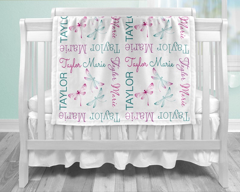 Girl dragonfly baby blanket, dragonflies baby blanket with name, girls personalized swaddle blanket, newborn dragonfly baby gift