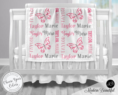 Pink and gray baby girl name blanket, butterfly swaddling blanket, girl butterfly blanket, butterfly blanket, baby shower gift, butterflies