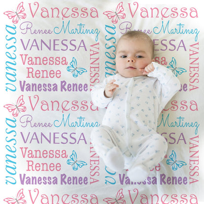 Butterfly newborn baby blanket, personalized girl butterfly name swaddle blanket, butterflies baby gift, pink and purple blanket with name