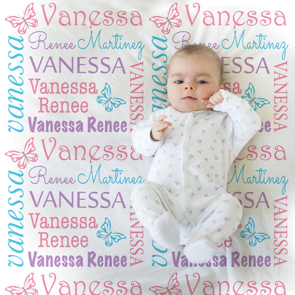 Butterfly newborn baby blanket, personalized girl butterfly name swaddle blanket, butterflies baby gift, pink and purple blanket with name