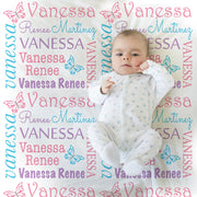 Butterfly newborn baby blanket, personalized girl butterfly name swaddle blanket, butterflies baby gift, pink and purple blanket with name