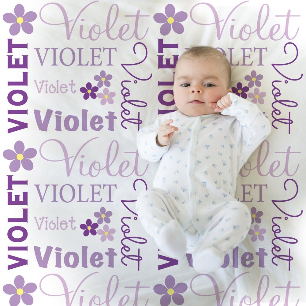Flower personalized baby blanket, baby girl swaddle blanket with flowers, purple floral baby name gift, (CHOOSE COLORS)