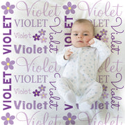 Flower personalized baby blanket, baby girl swaddle blanket with flowers, purple floral baby name gift, (CHOOSE COLORS)