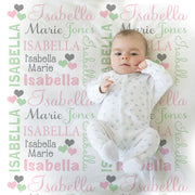Hearts personalized baby name blanket, girls pink and mint heart newborn blanket, hearts swaddle blanket, heart baby gift (CHOOSE COLORS)