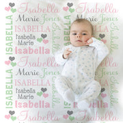 Hearts personalized baby name blanket, girls pink and mint heart newborn blanket, hearts swaddle blanket, heart baby gift (CHOOSE COLORS)