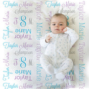 Monogram baby girl name blanket, personalized newborn receiving blanket, teal and purple baby swaddle, monogram baby gift, (CHOOSE COLORS)