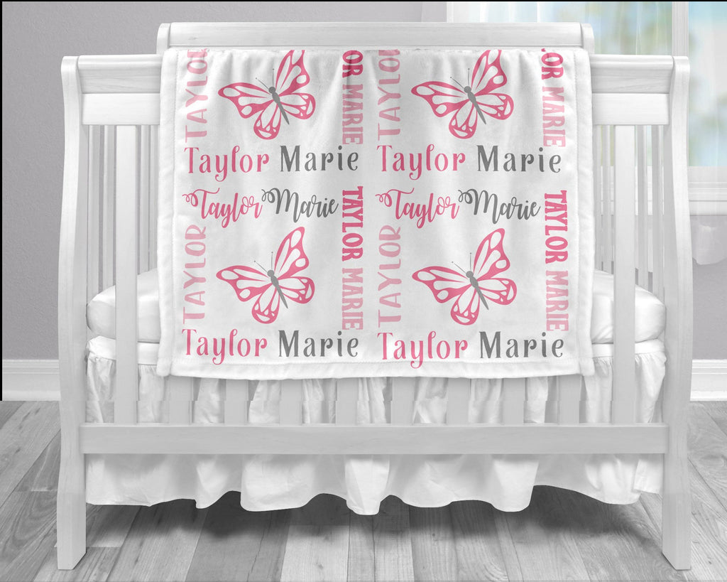 Pink and gray baby girl name blanket, butterfly swaddling blanket, girl butterfly blanket, butterfly blanket, baby shower gift, butterflies