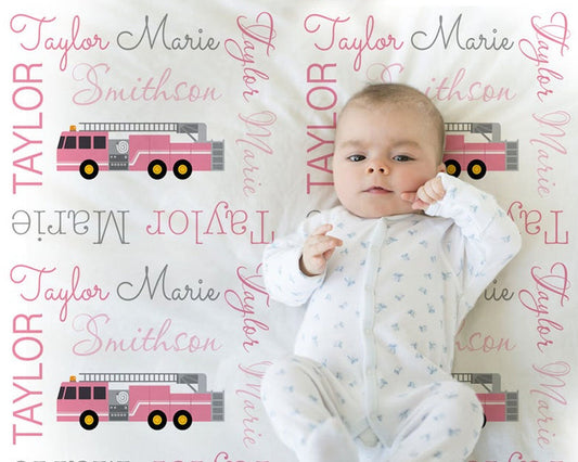 Baby girl firetruck blanket, firefighter personalized blanket, fireman name blanket, firetruck baby gift, personalized blanket, choose color