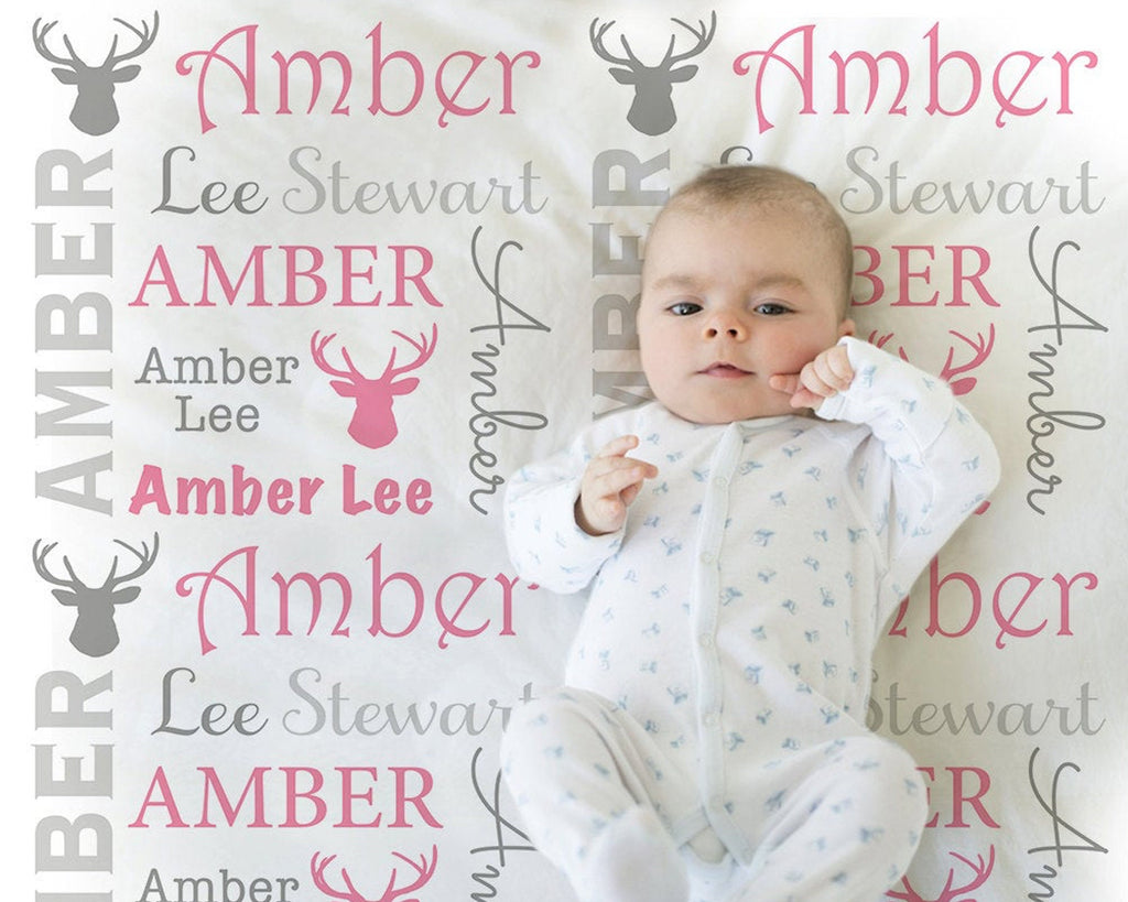 Baby girl deer blanket, antler personalized newborn blanket, deer rack baby swaddle, antler baby gift, pink, gray boy, girl (CHOOSE COLORS)