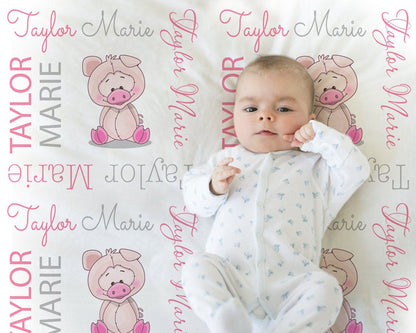 Girl pig baby blanket, farm pigs personalized newborn blanket, piggy baby gift with name, farm animal swaddle, pink and white (CHOOSE COLOR)