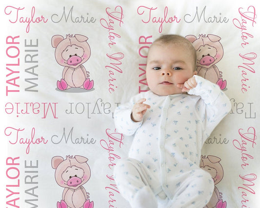 Girl pig baby blanket, farm pigs personalized newborn blanket, piggy baby gift with name, farm animal swaddle, pink and white (CHOOSE COLOR)