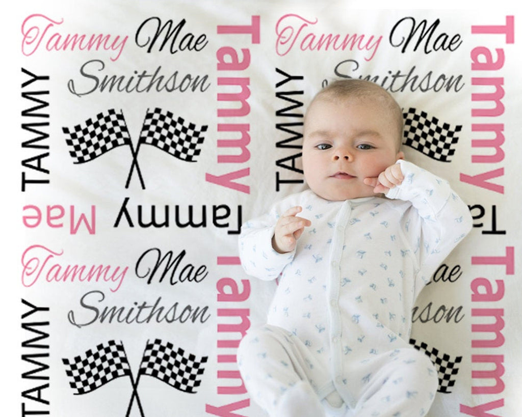 Race Flag blanket, girl blanket, pink, drag racing baby blanket, dragster baby blanket, racing name blanket, racing blanket, any color