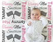 Race Flag blanket, girl blanket, pink, drag racing baby blanket, dragster baby blanket, racing name blanket, racing blanket, any color