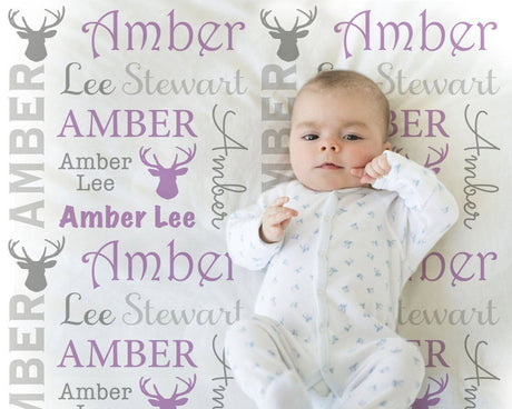 Antler Baby Blanket in Purple and Gray, Boy, personalized blanket, custom blanket, baby blanket, personalized blanket, deer baby blanket