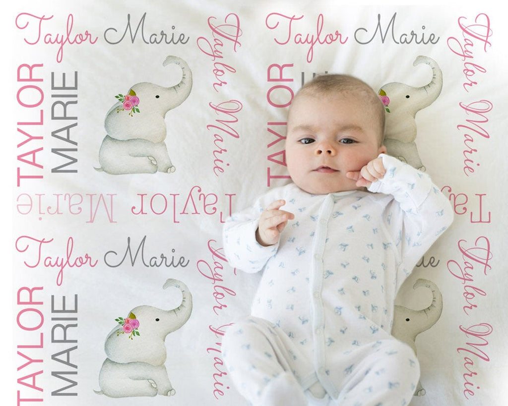 Elephant baby girls name blanket, personalized pink floral elephant blanket, newborn elephant swaddle, elephant baby gift, (CHOOSE COLORS)