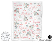 Elephant baby blanket, hearts pink, girl , personalized name blanket, newborn baby gift, elephant nursery (CHOOSE COLORS)