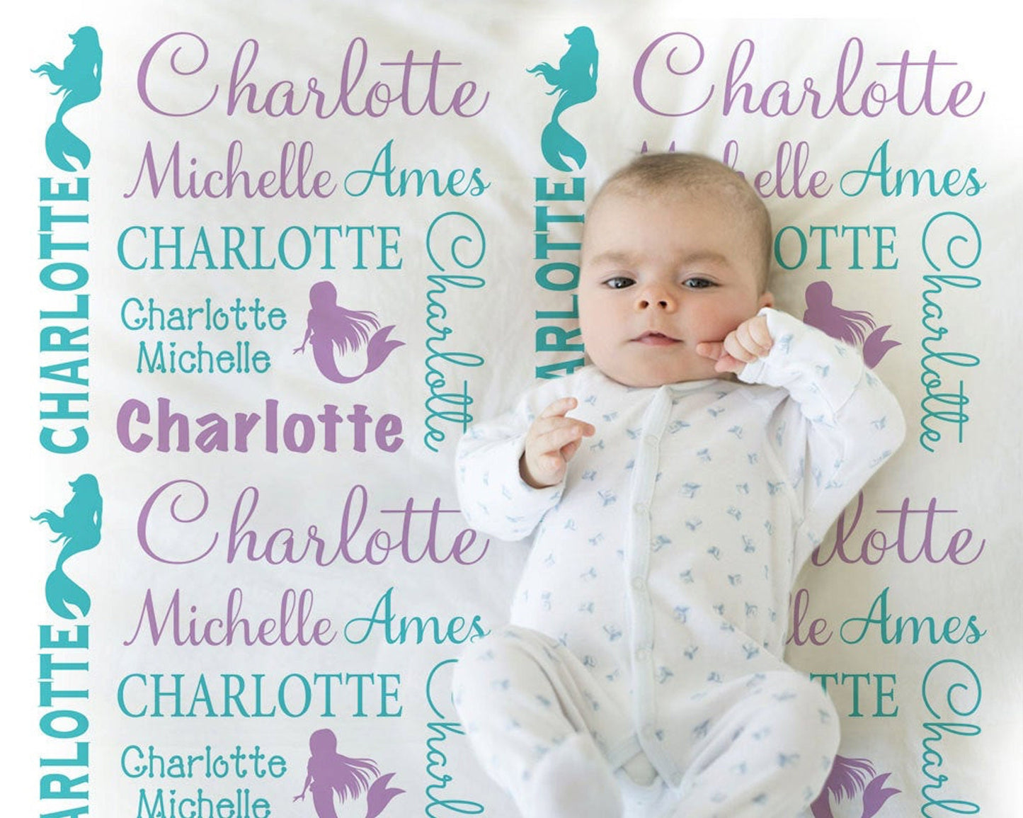 Personalized mermaid baby blanket, purple and teal, newborn mermaid baby gift with name, mermaid tail, toddler or big kids (CHOOSE COLORS)