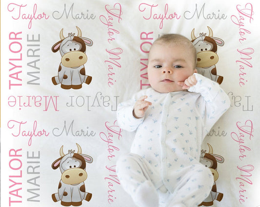 Personalized cow baby girls blanket, newborn cow swaddle blanket with name, farm cow theme baby gift (CHOOSE COLORS)