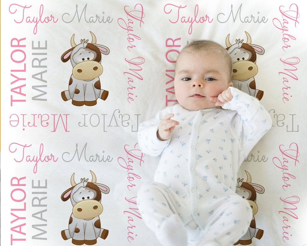 Personalized cow baby girls blanket, newborn cow swaddle blanket with name, farm cow theme baby gift (CHOOSE COLORS)