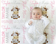 Personalized cow baby girls blanket, newborn cow swaddle blanket with name, farm cow theme baby gift (CHOOSE COLORS)