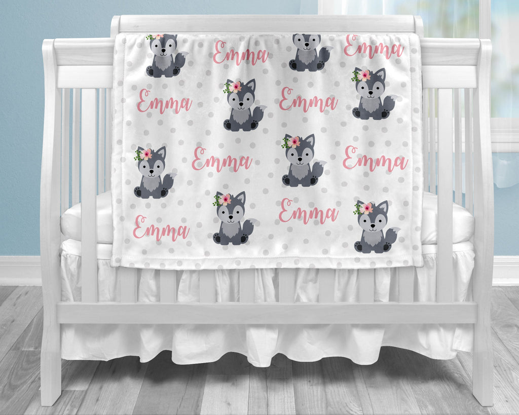 Wolf baby girl blanket, pink wolf personalized blanket, custom blanket, little girl wolf blanket, personalized blanket, choose colors