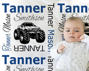 Monster truck baby blanket, personalized name swaddle blanket with trucks, big truck newborn gift, baby boy or girl, (CHOOSE COLORS)