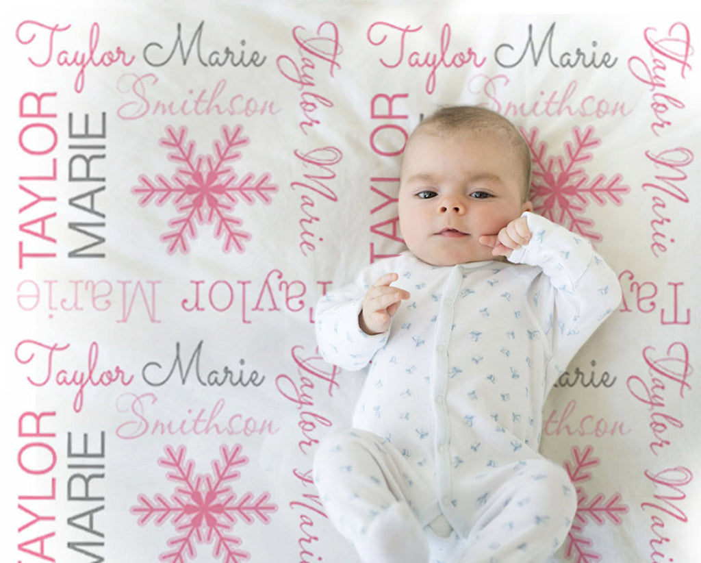 Personalized snowflake baby blanket, pink snowflake Christmas blanket with name, winter pink snowflake newborn swaddle gift, (CHOOSE COLORS)