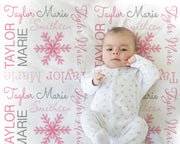 Personalized snowflake baby blanket, pink snowflake Christmas blanket with name, winter pink snowflake newborn swaddle gift, (CHOOSE COLORS)