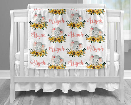 Sunflowers and elephants baby blanket, sunflower personalized baby gift, blanket with elephants, girl personalized blanket, choose colors