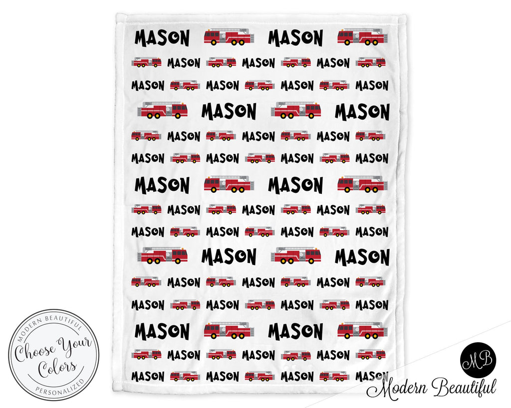 Personalized fire truck baby blanket, boy fireman swaddle blanket with name, red firefighter newborn firetruck baby gift, (CHOOSE COLORS)