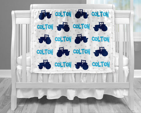 Baby blanket with tractors, personalized baby boy farm name blanket, newborn tractor swaddle blanket, farm tractor baby gift (CHOOSE COLORS)