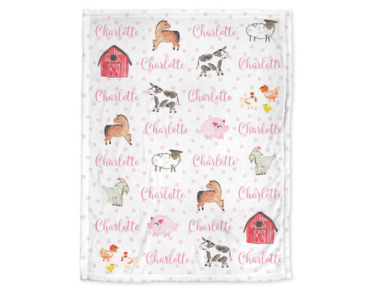 Girl farm animal blanket- farm animal personalized baby gift- farm blanket- barn baby blanket- personalized baby name blanket- choose colors