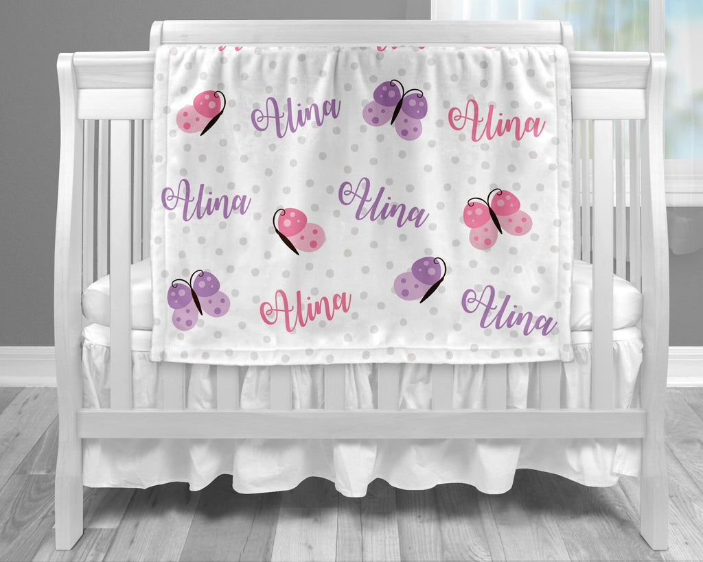 Butterfly baby girl blanket, personalized butterflies blanket with name, newborn butterfly baby swaddle, pink and purple butterfly baby gift