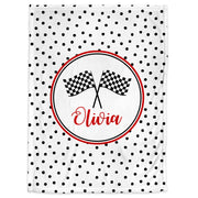 Baby girls racing blanket with name, newborn race flag baby swaddle blanket, personalized polka dots racing baby gift,  (CHOOSE COLORS)