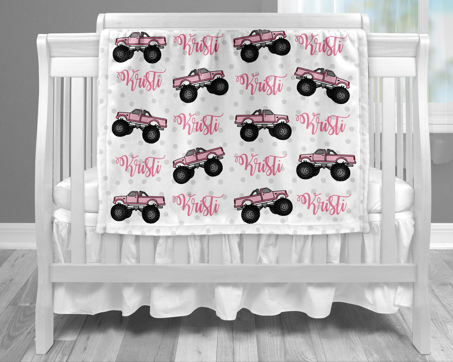 Monster truck baby blanket, truck baby blanket, girl monster truck blanket, monster truck gift, personalized baby gift, CHOOSE COLOR