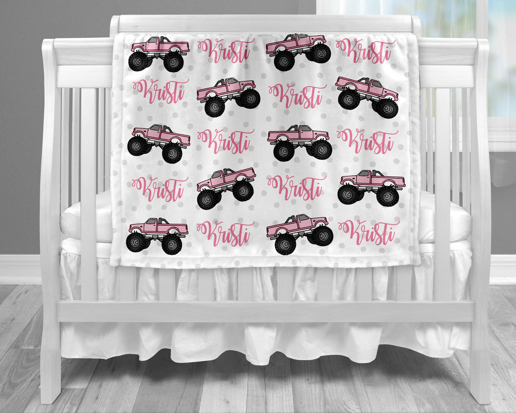 Monster truck baby blanket, truck baby blanket, girl monster truck blanket, monster truck gift, personalized baby gift, CHOOSE COLOR