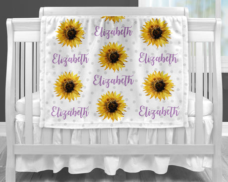 Sunflowers purple baby blanket, baby girl personalized gift with flowers and name, newborn sunflowers swaddle, polka dot (CHOOSE COLORS)