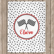 Baby girls racing blanket with name, newborn race flag baby swaddle blanket, personalized polka dots racing baby gift,  (CHOOSE COLORS)