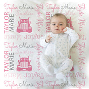 Trucker baby blanket, personalized girl diesel baby blanket, newborn pink big rig baby gift, truck driver, toddlers big kids (CHOOSE COLORS)