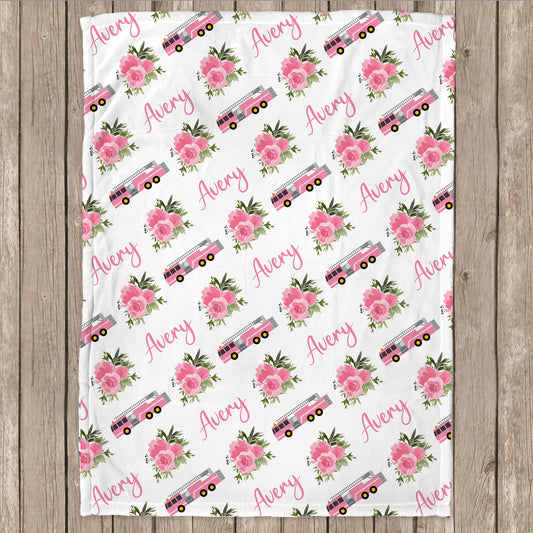 Fire truck blanket, pink flowers, girl fire fighter personalized blanket, firetruck baby gift, fireman personalized blanket, pink firetruck
