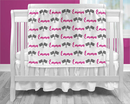 Race Flag Baby Blanket, checkered flag baby blanket, personalized baby gift, girl name blanket, baby shower gift blanket, racing gift