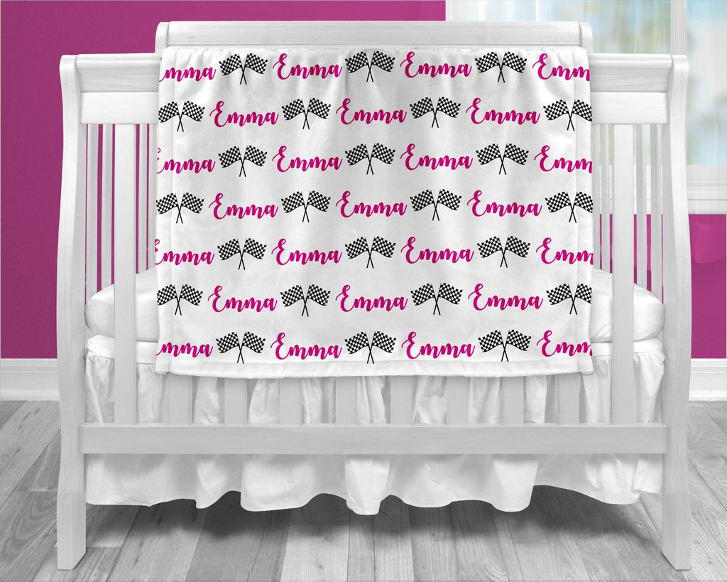 Race Flag Baby Blanket, checkered flag baby blanket, personalized baby gift, girl name blanket, baby shower gift blanket, racing gift